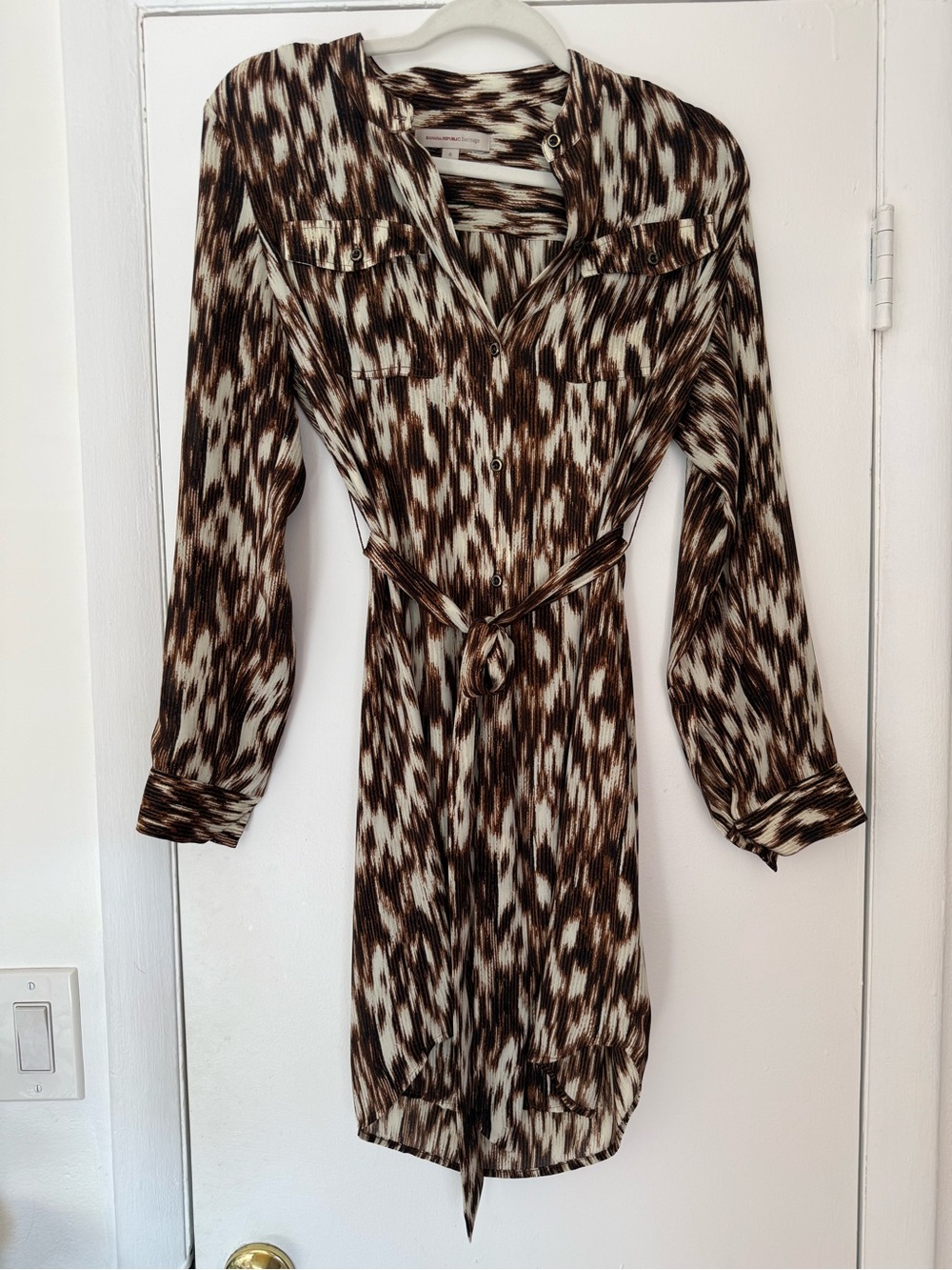 Banana Republic Brown and Cream Patterned Belted Midi Dress